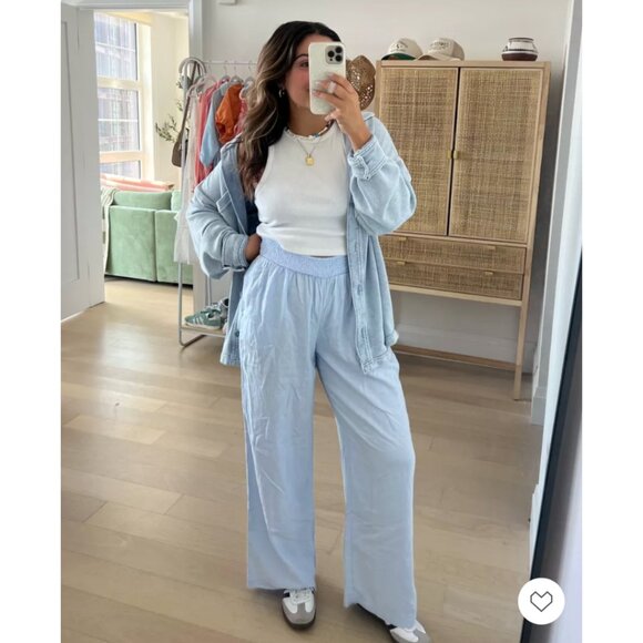 Aerie High Waisted Linen Blend Pool to Party Pants in Blue - Picture 1 of 5
